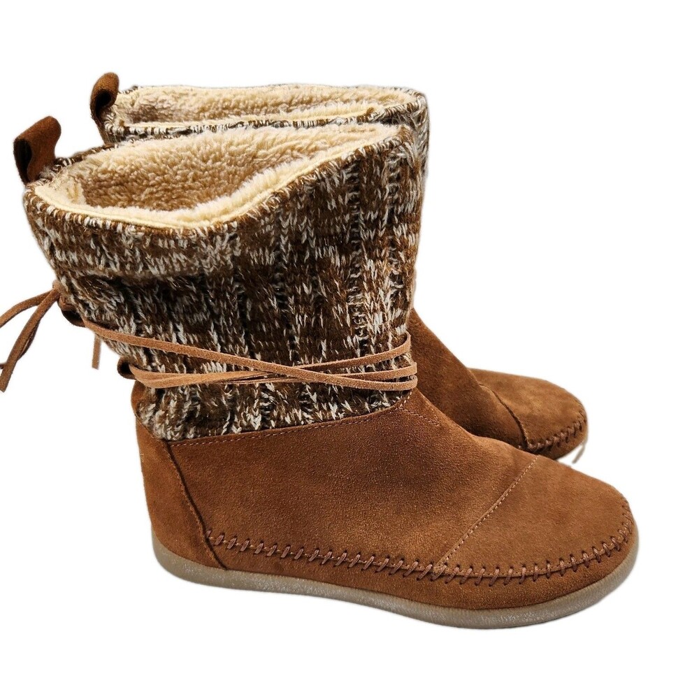 TOMS Nepal Winter Boots Chestnut Suede Womens 7.5 Moccasin-Style Wrap Tie Lace